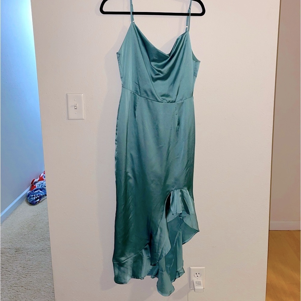 A6 - 303 Sage teal green midi satin cowl neck slit dress size 6